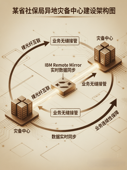 某省社保局异地灾备中心架构图 - 裸光纤与IBM Remote Mirror实时同步